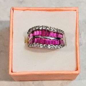 STERLING SILVER RUBY & DIAMOND RING BAGUETTE CUT RUBY & ROUND CUT DIAMONDS 8½